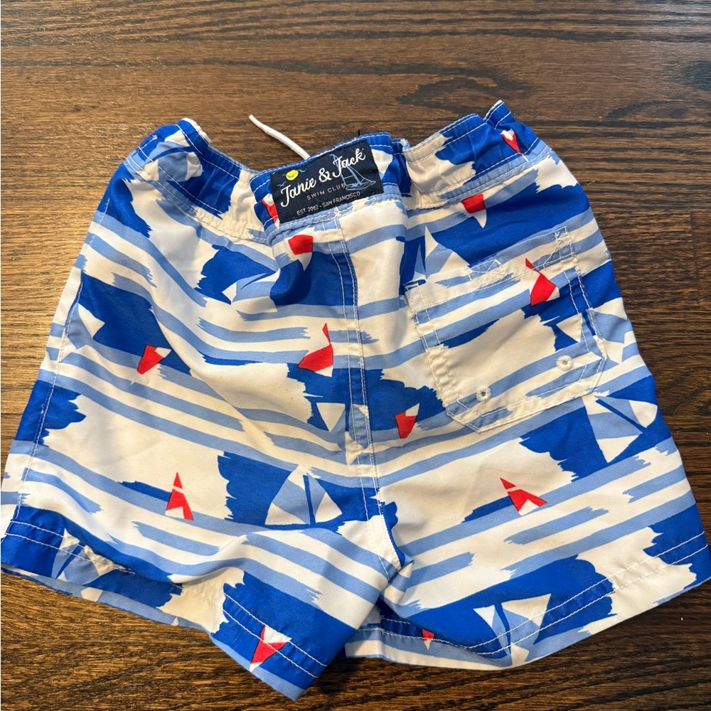 Janie and Jack Blue and Red Geometric Swim Trunks